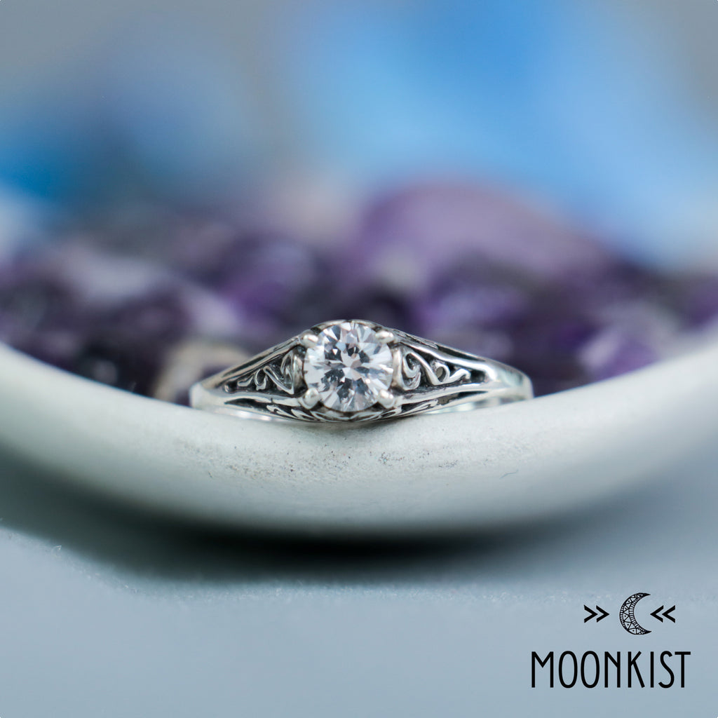 Dainty White Sapphire Filigree Ring in Sterling Silver