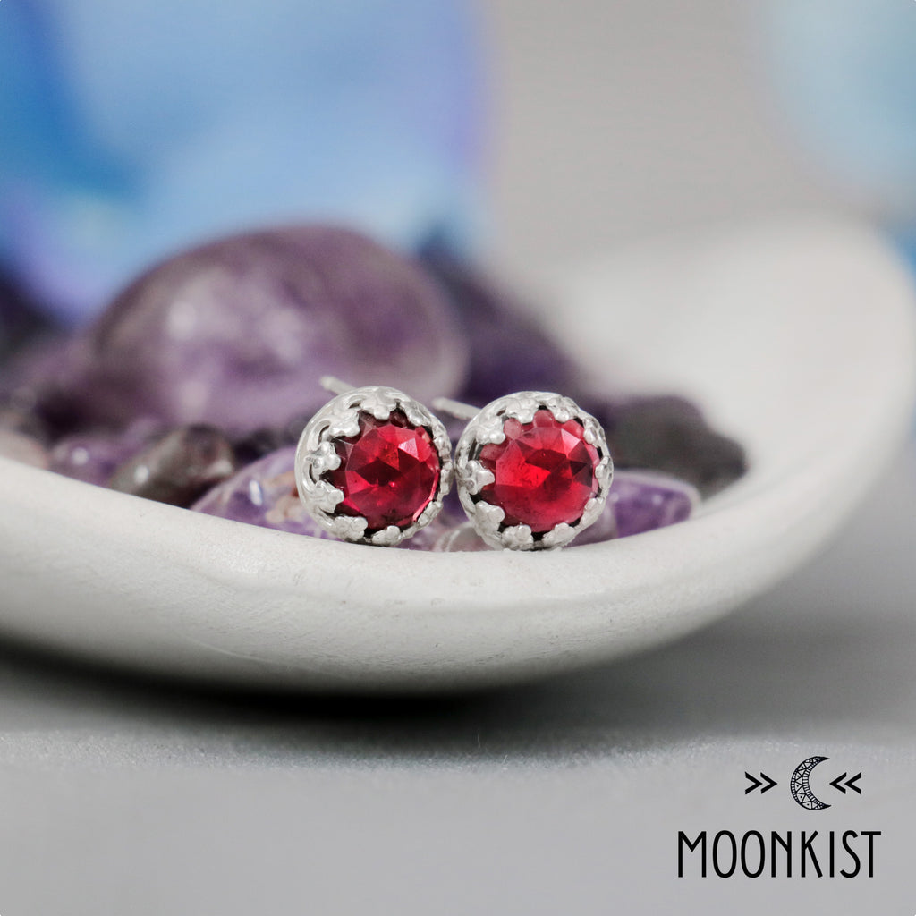 Silver Rose Cut Garnet Stud Earrings | Moonkist Designs