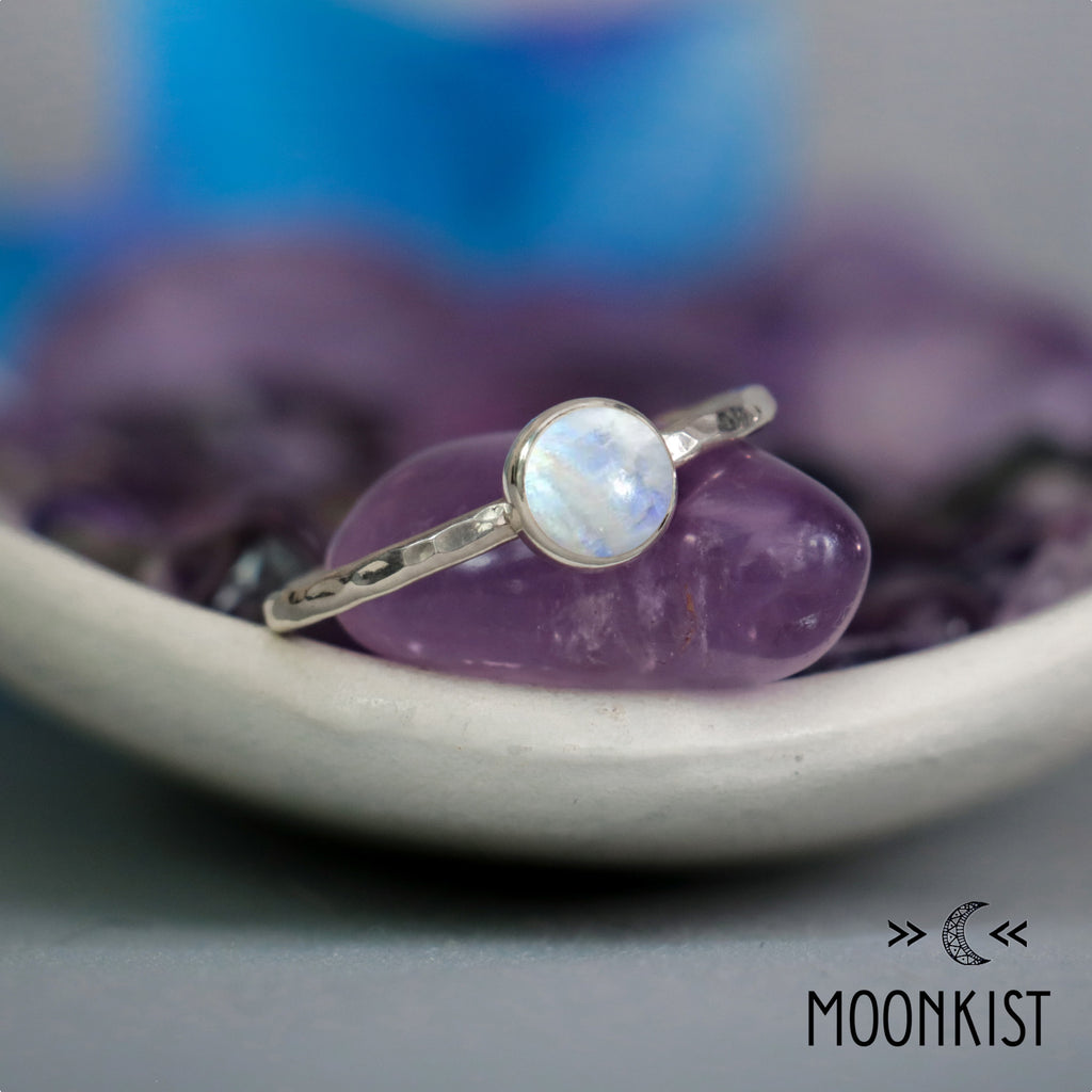 Simple Silver Rainbow Moonstone Gemstone Stacking Ring | Moonkist Designs