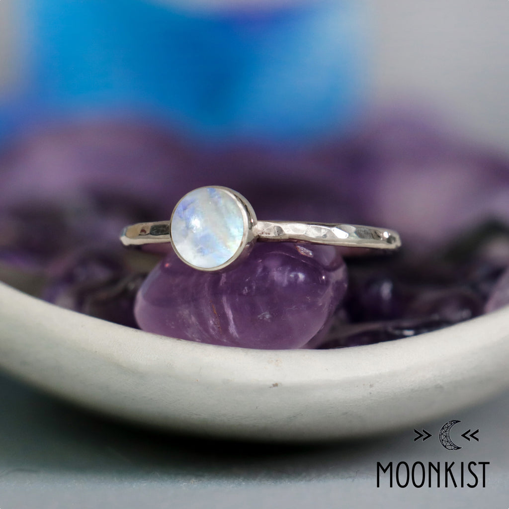 Simple Silver Rainbow Moonstone Gemstone Stacking Ring | Moonkist Designs