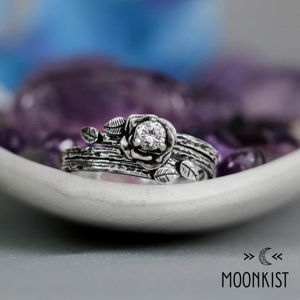 Nature Inspired Blooming Rose and Branch Engagement Ring Set | Moonkist Designs