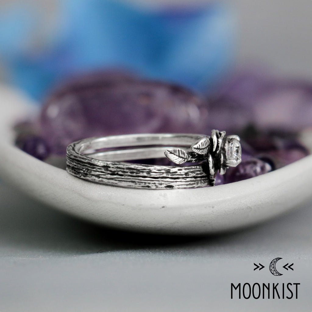 Nature Inspired Blooming Rose and Branch Engagement Ring Set | Moonkist Designs