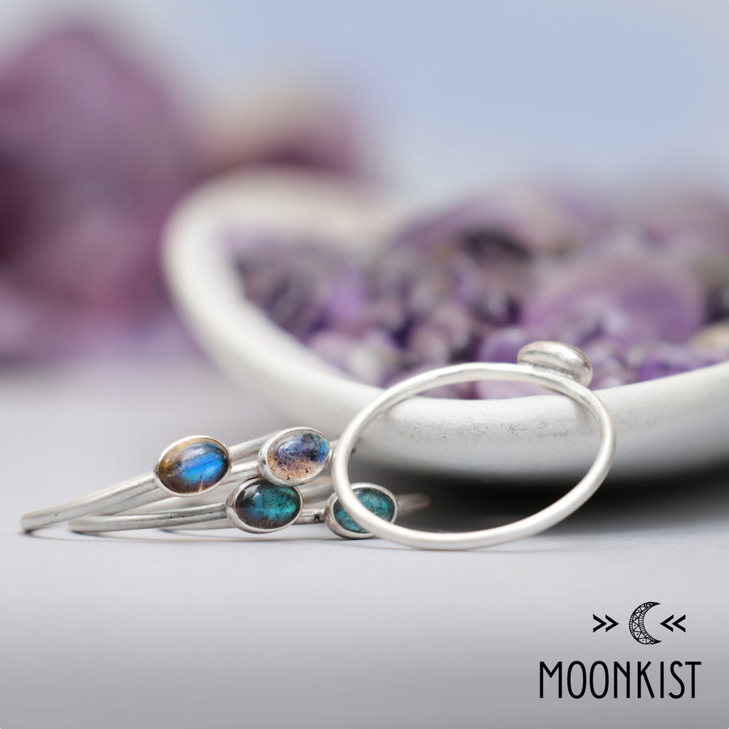 Dainty Silver Oval Labradorite Stacking Ring Set | Moonkist Designs