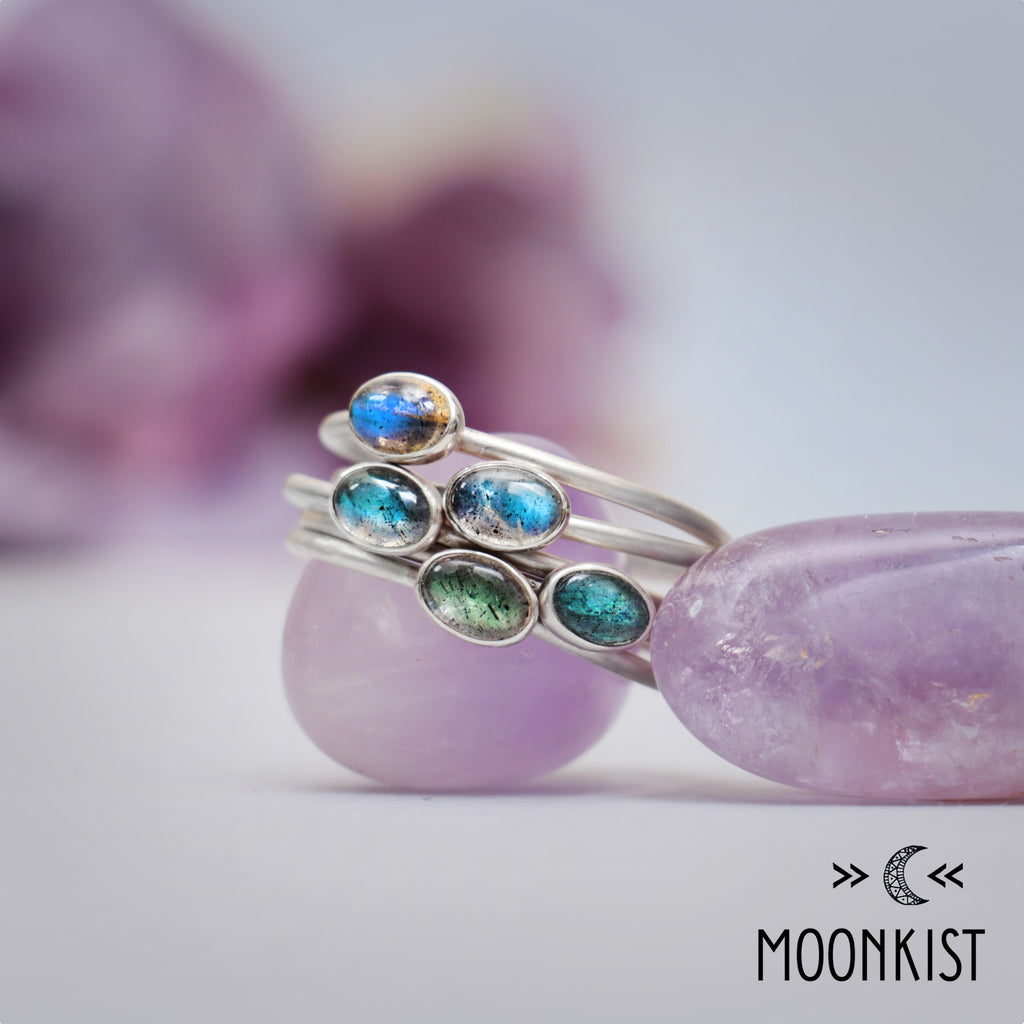 Dainty Silver Oval Labradorite Stacking Ring Set | Moonkist Designs