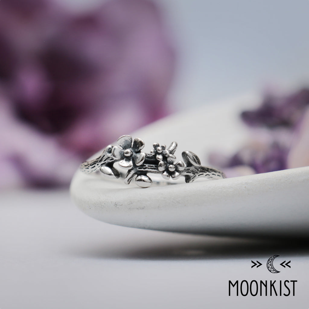 Sterling Silver Textured Flower and Vine Ring | Moonkist Designs
