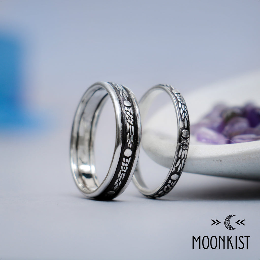 Sterling Silver Celestial Wedding Band Sets for Him and Her | Moonkist Designs