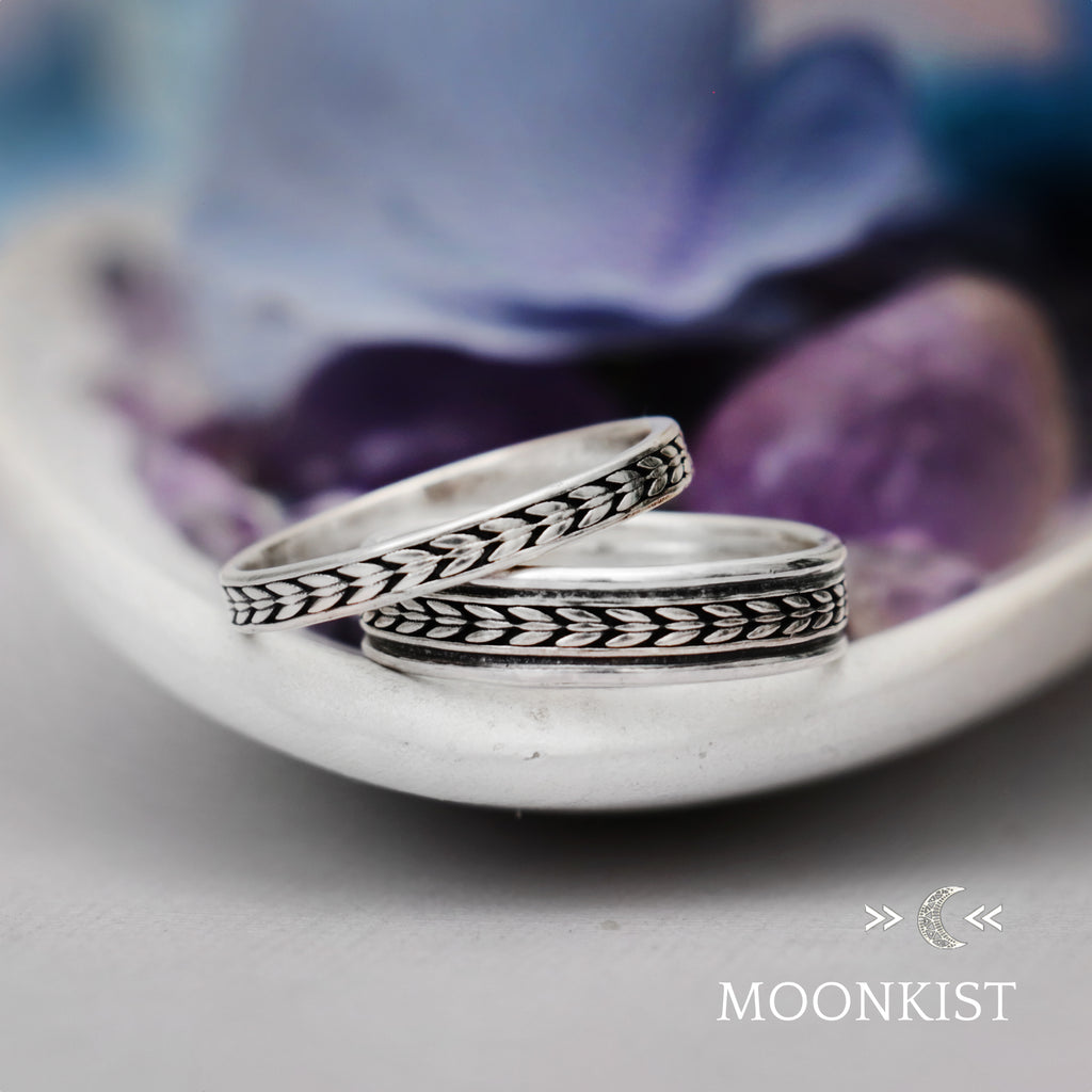 Sterling Silver Engraved Geometric Wedding Band Set  | Moonkist Designs | Moonkist Designs