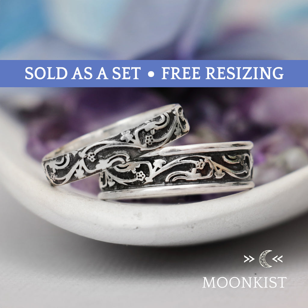 Sterling Silver Vintage Vine Wedding Band Ring Set | Moonkist Designs | Moonkist Designs