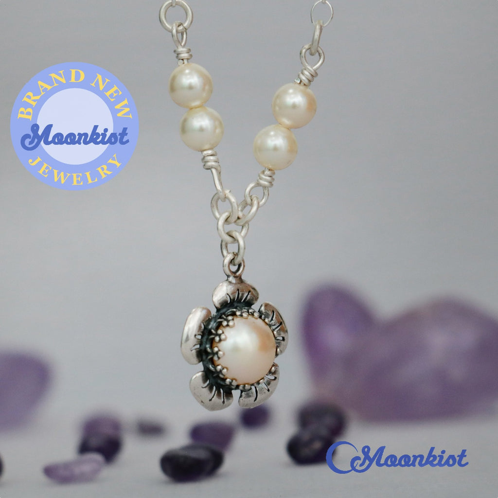 Pearl Flower Necklace, Sterling Silver Periwinkle Pendant | Moonkist Designs