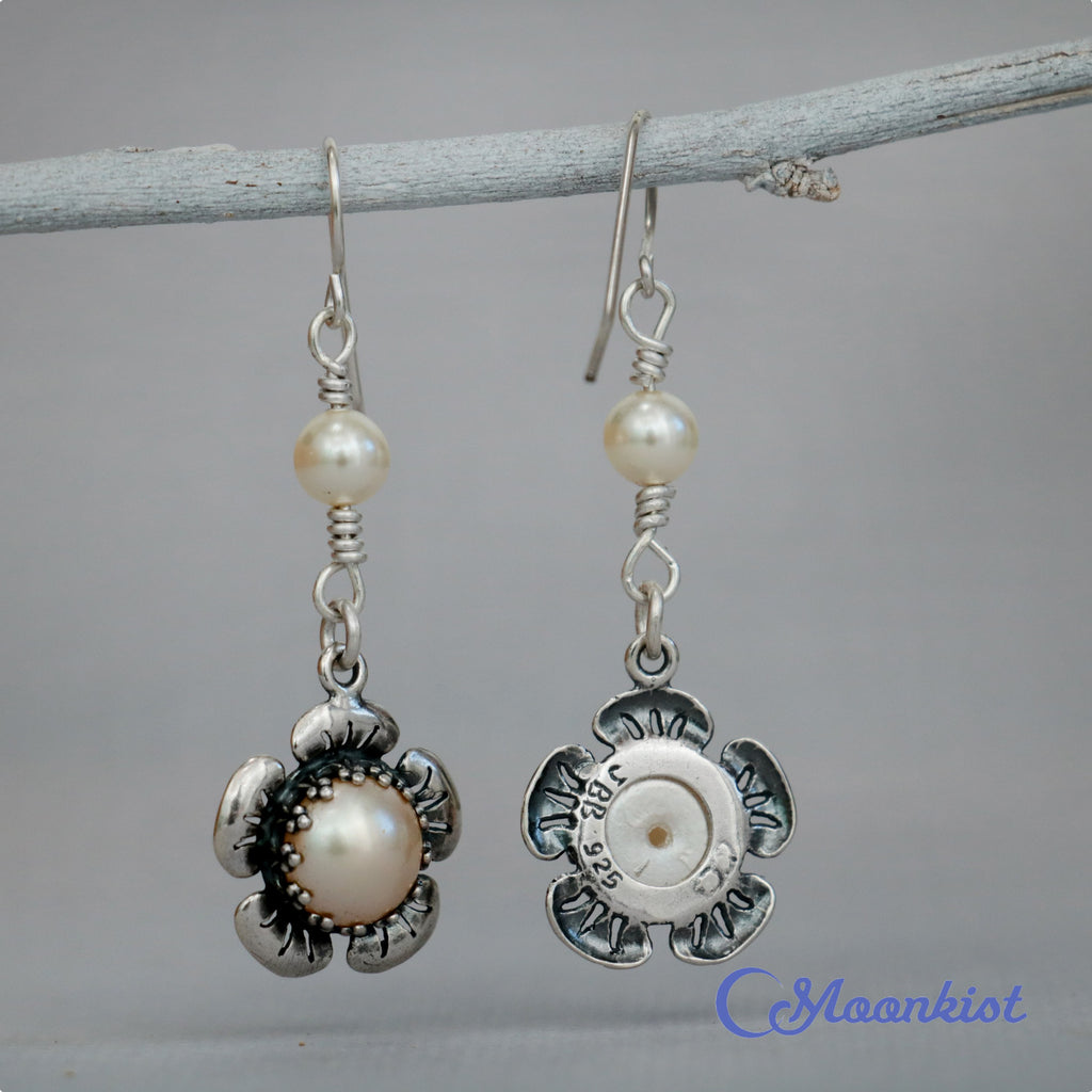 Pearl Earrings with Sterling Silver Flowers | Moonkist Designs