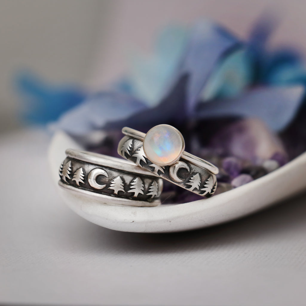 Nature Moon and Tree 3 piece Wedding Ring Set  | Moonkist Designs | Moonkist Designs