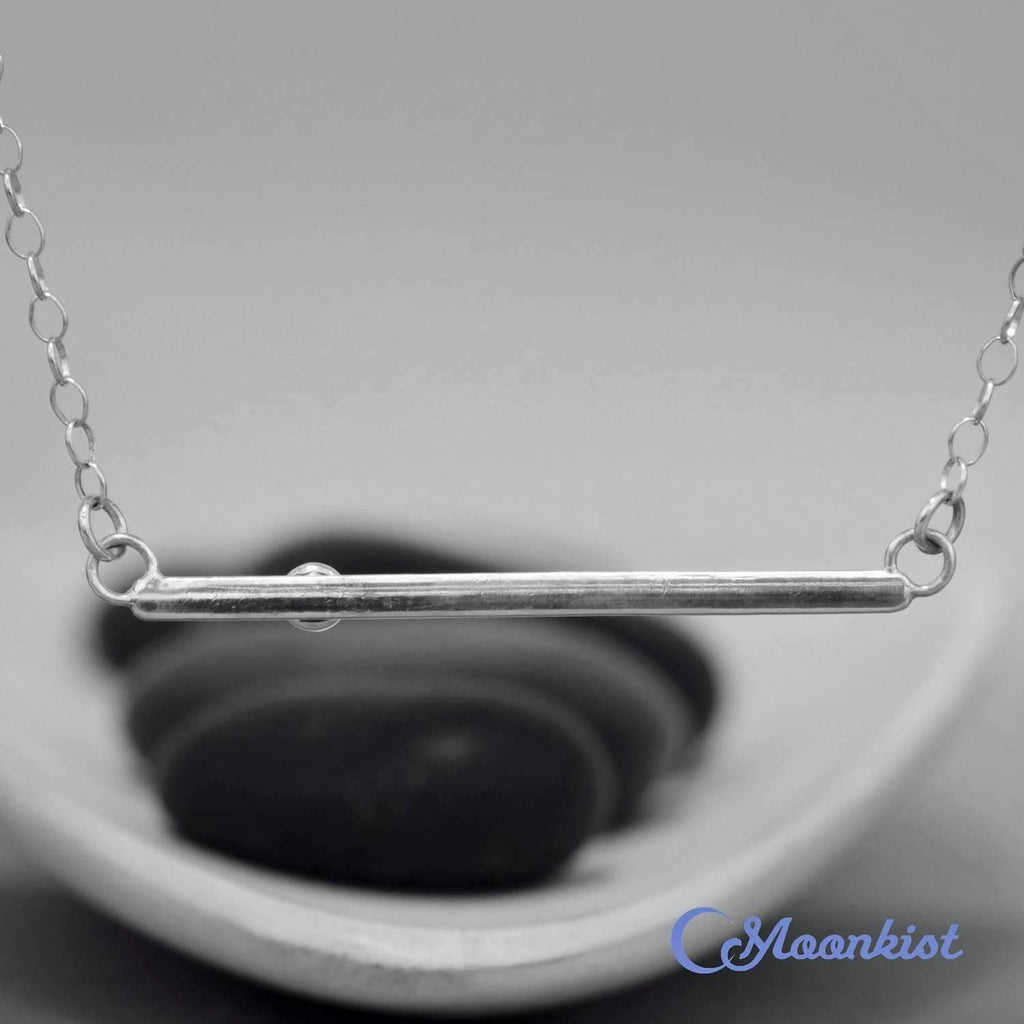 Dainty Silver Blue Gemstone Textured Bar Necklace | Moonkist Designs