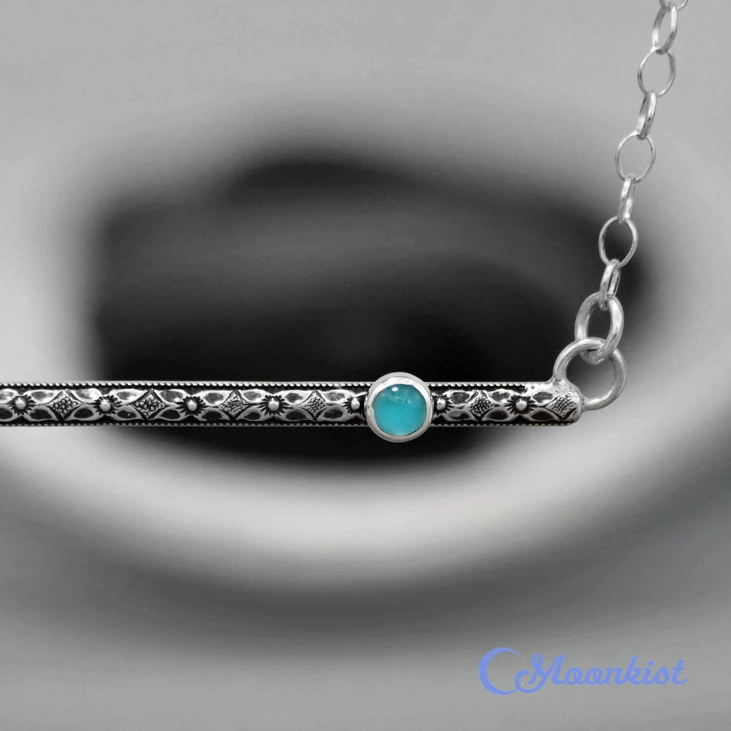 Dainty Silver Blue Gemstone Textured Bar Necklace | Moonkist Designs