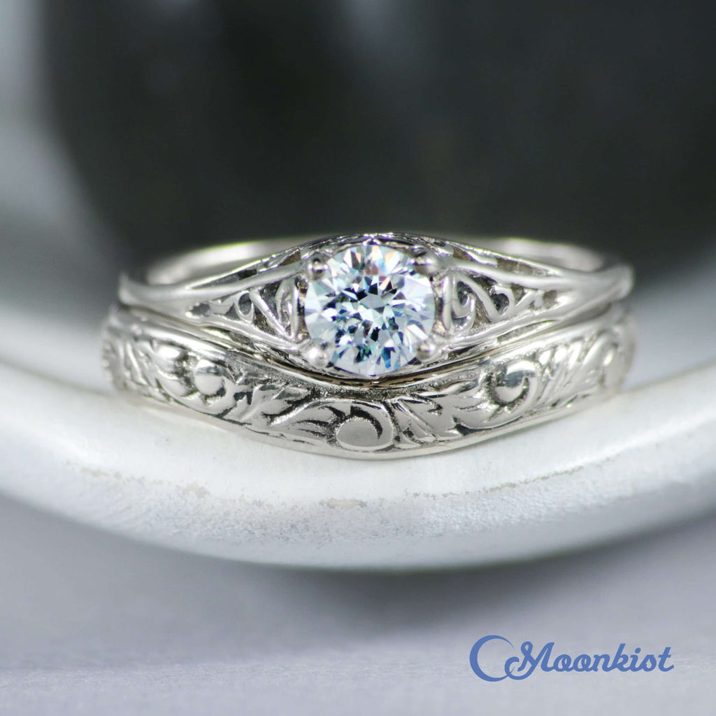 Dainty White Gold Vintage Filigree Engagement Ring Set | Moonkist Designs