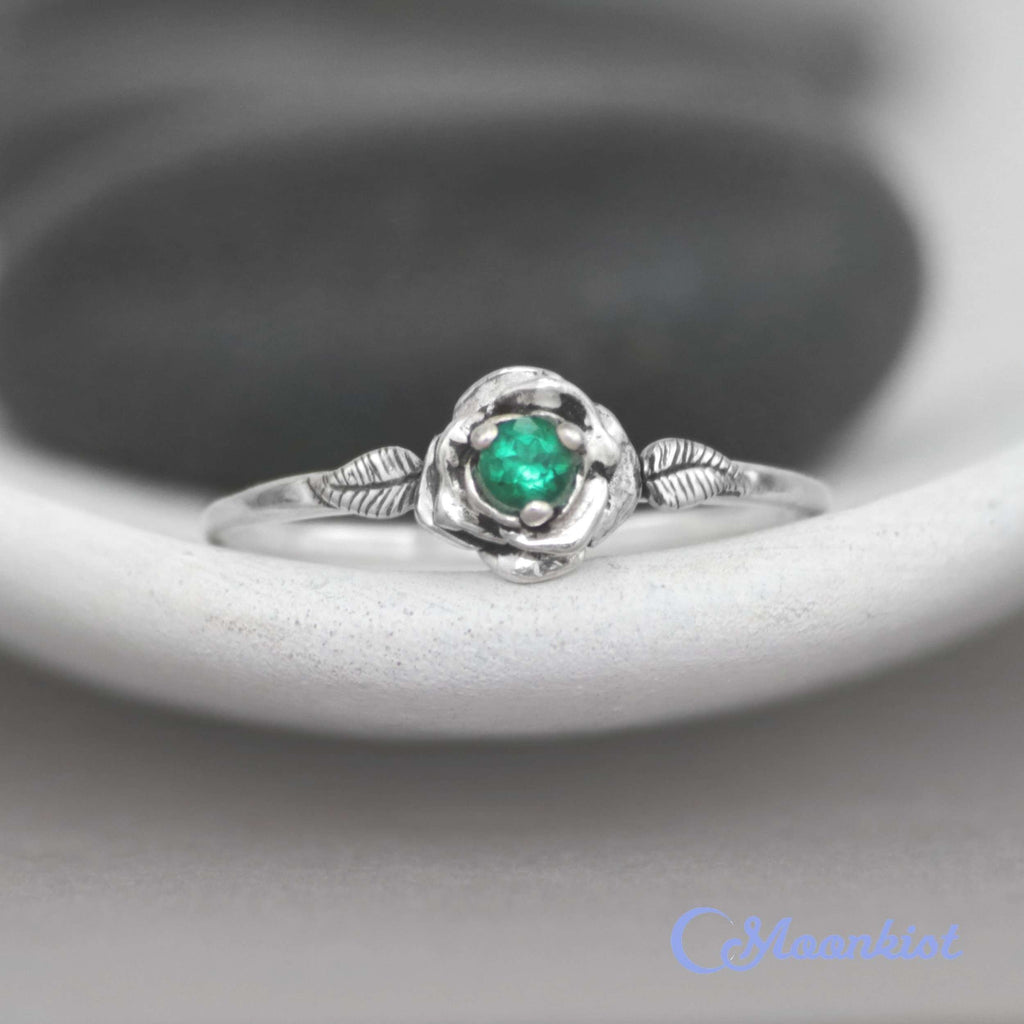 Emerald Rose Engagement Ring, Sterling Silver Flower Ring | Moonkist Designs