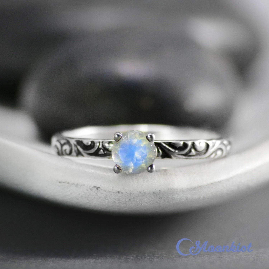 Natural Moonstone Engagement Ring with Swirl Engraved Band | Moonkist Designs