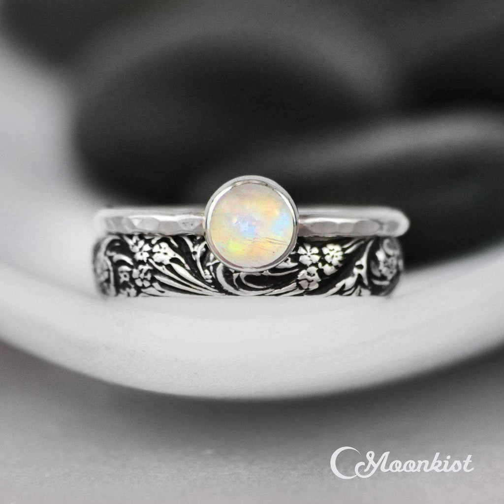Rainbow Moonstone Wildflower Stacking Ring Set | Moonkist Designs