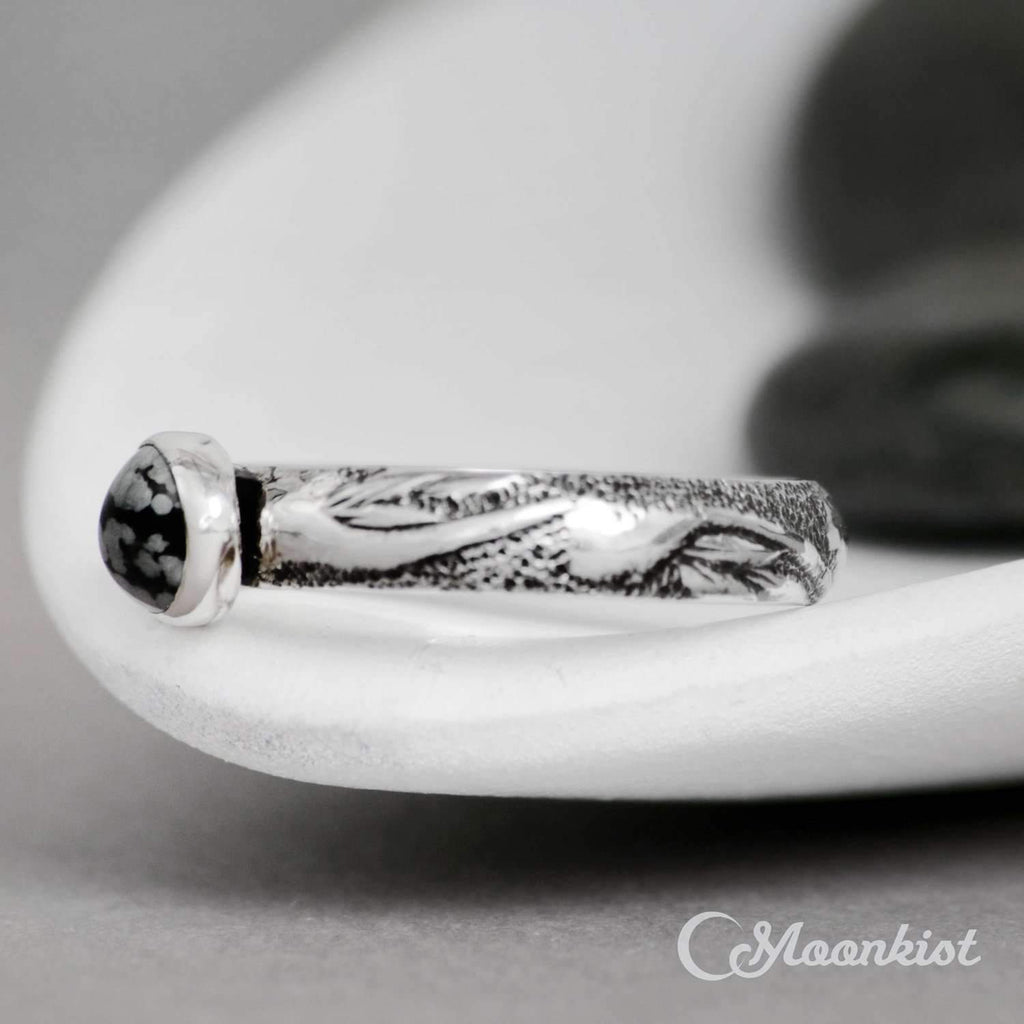 Silver Oval Snowflake Obsidian Laurel Leaf Ring | Moonkist Designs