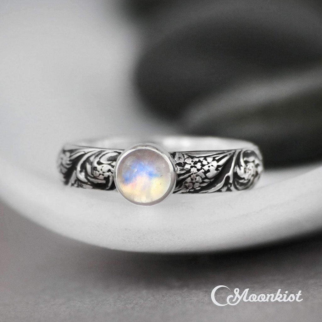 Silver Rainbow Moonstone Floral Promise Ring | Moonkist Designs