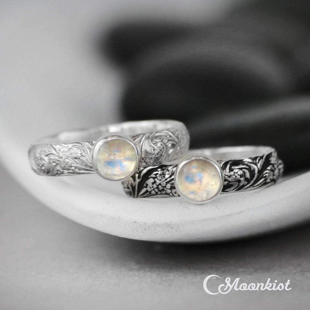 Silver Rainbow Moonstone Floral Promise Ring | Moonkist Designs