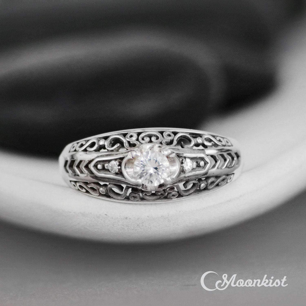 Three Stone Moissanite Filigree Engagement Ring | Moonkist Designs