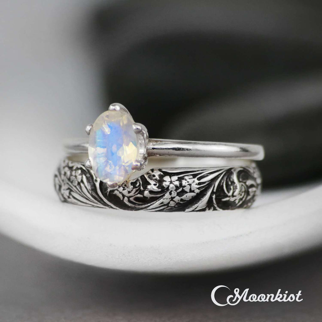 Vintage Inspired Oval Engagement Ring and Floral Wedding Band | Moonkist Designs