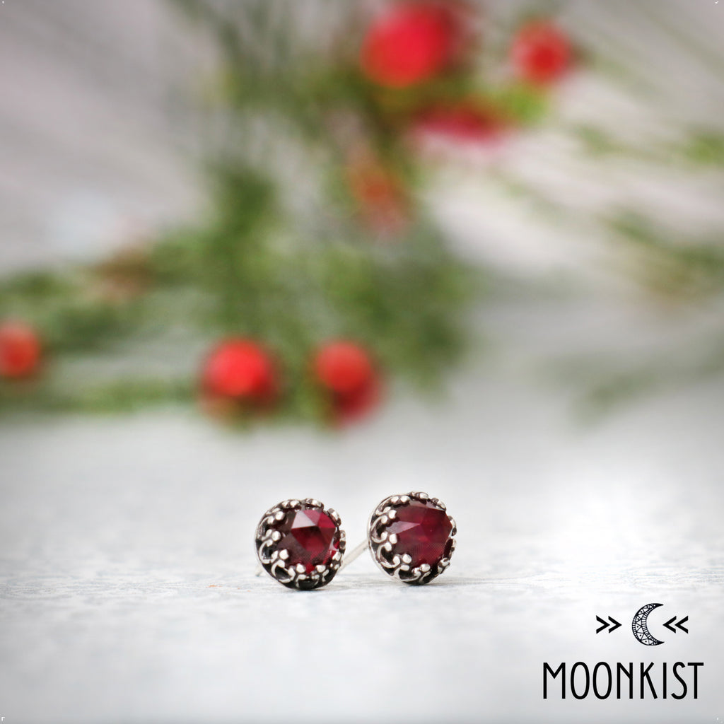 Silver Rose Cut Garnet Stud Earrings | Moonkist Designs