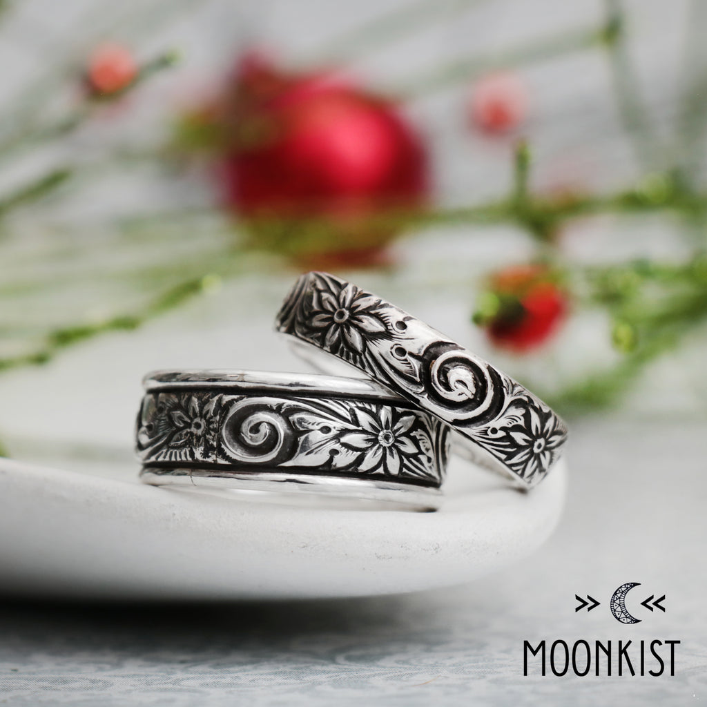 Spiral and Flower Sterling Silver Matching Wedding Bands | Moonkist Designs