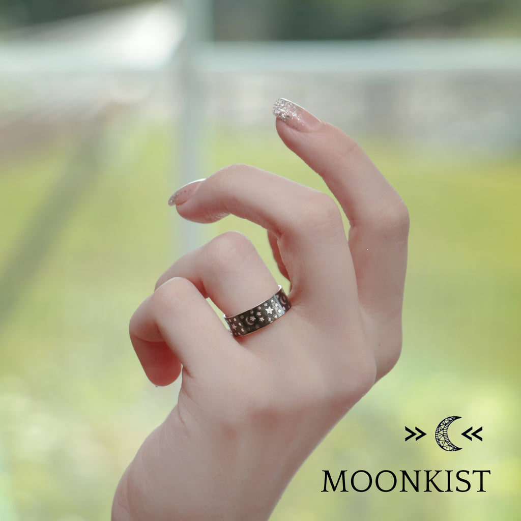 Sterling Silver Moon and Stars Black Wedding Band | Moonkist Designs | Moonkist Designs