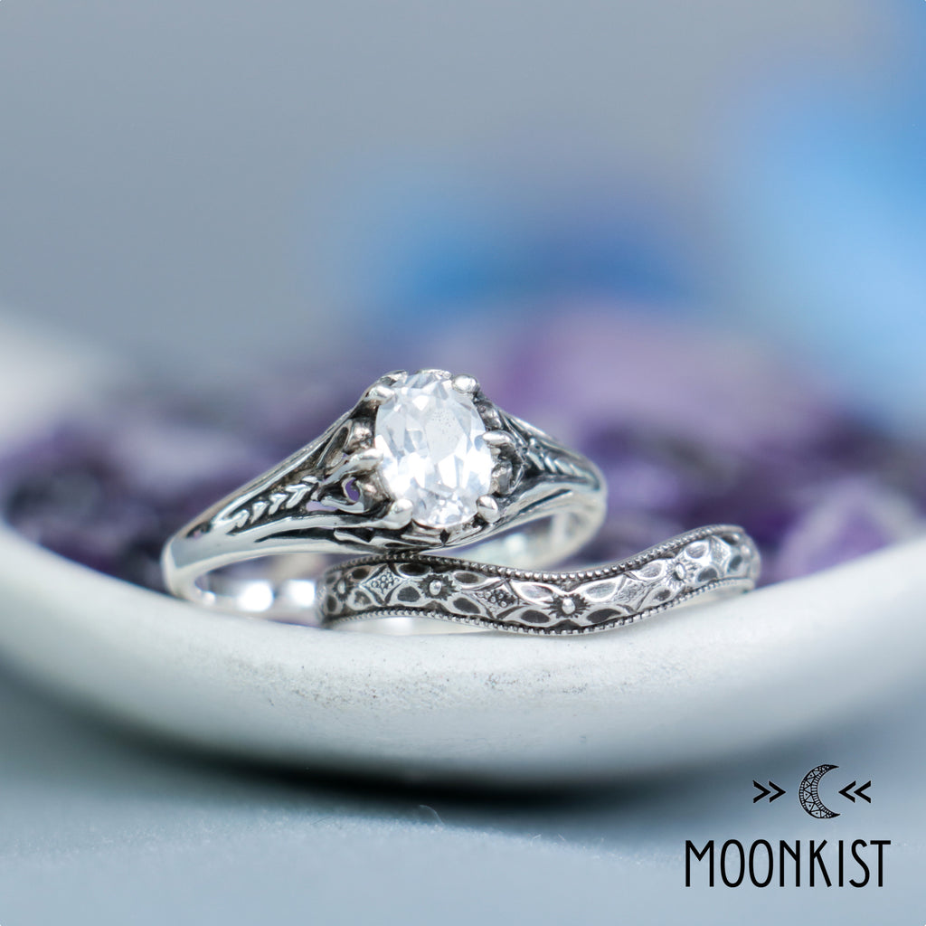 Oval Filigree Engagement Ring Set & Curved Wedding Band | Moonkist Designs