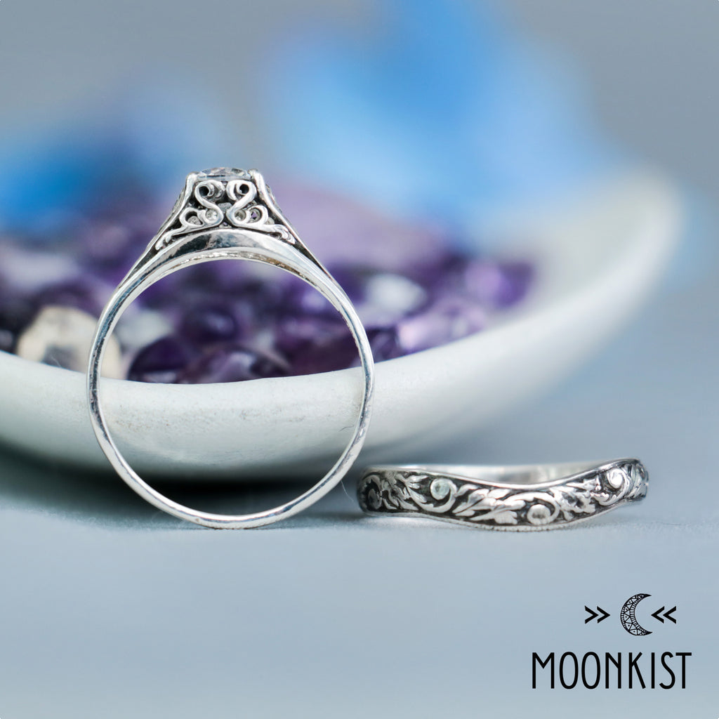 Dainty Filigree Engagement Ring Set with Floral Fitted Band | Moonkist Designs