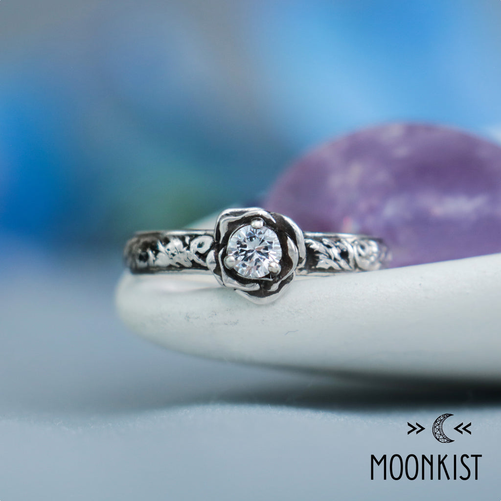 Sterling Silver Moissanite Rose Engagement Ring | Moonkist Designs