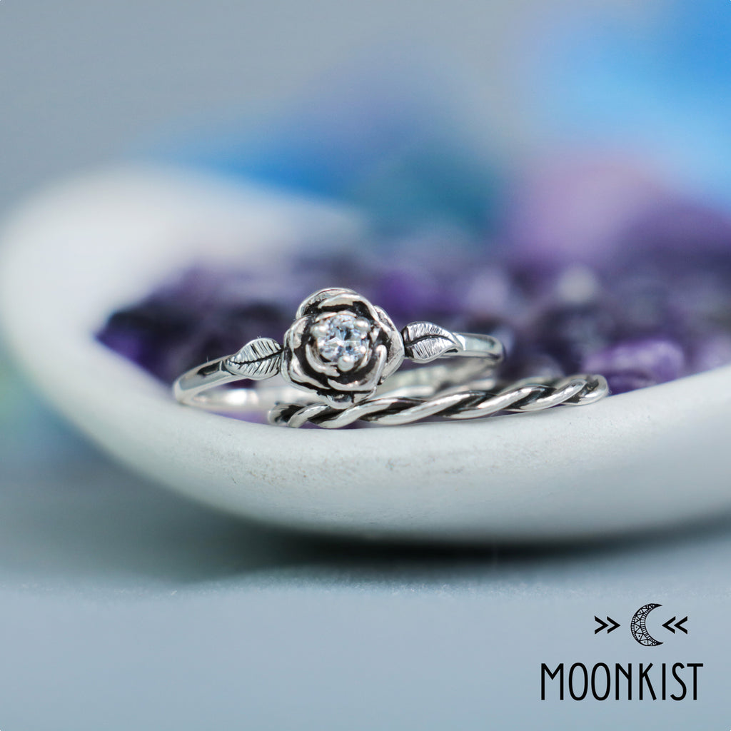Nature Inspired Rose Proposal Ring Set with Twist Vine Band | Moonkist Designs