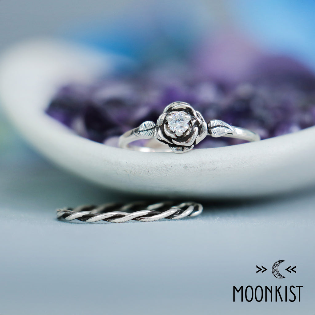Nature Inspired Rose Proposal Ring Set with Twist Vine Band | Moonkist Designs