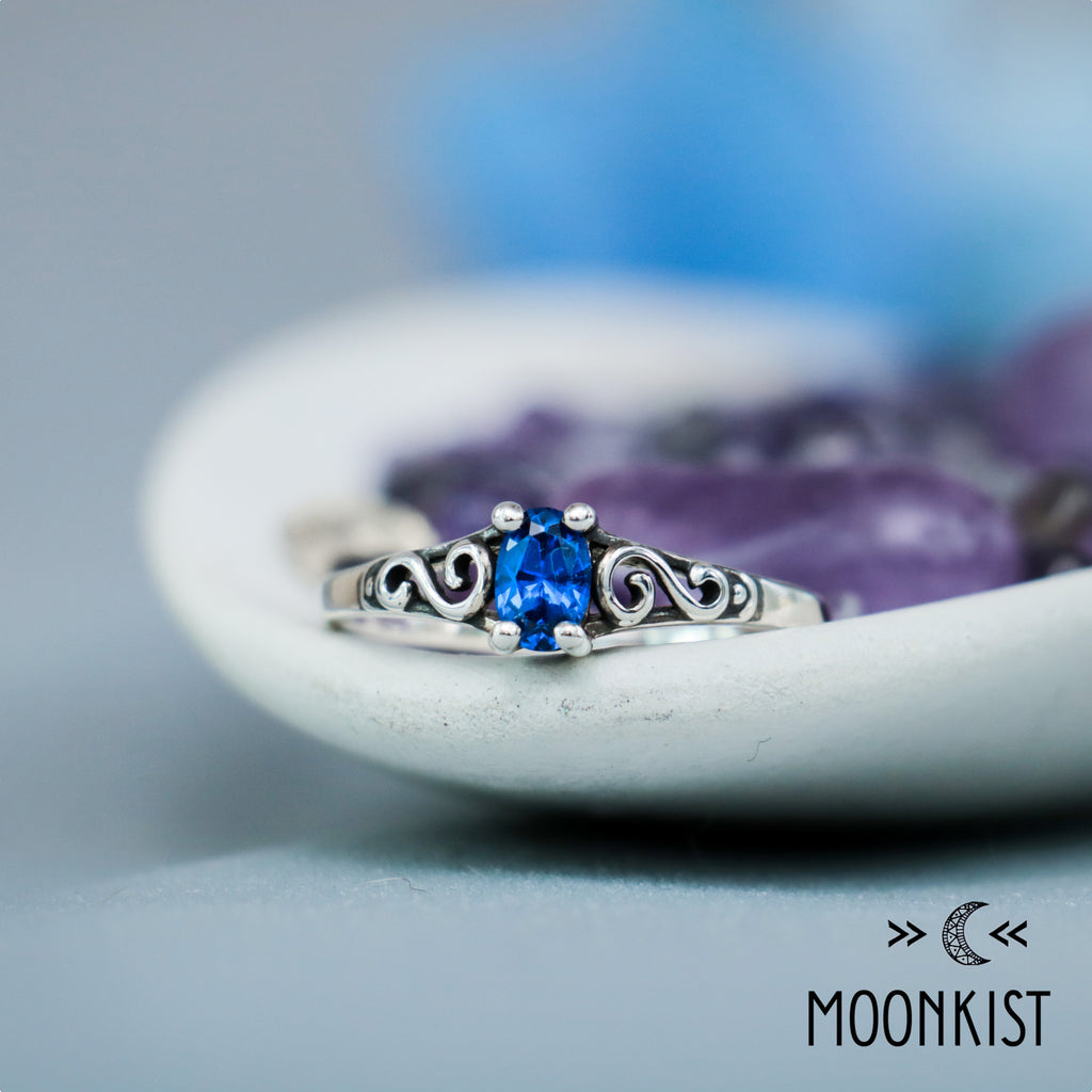 Dainty Oval Sapphire Silver Filigree Ring