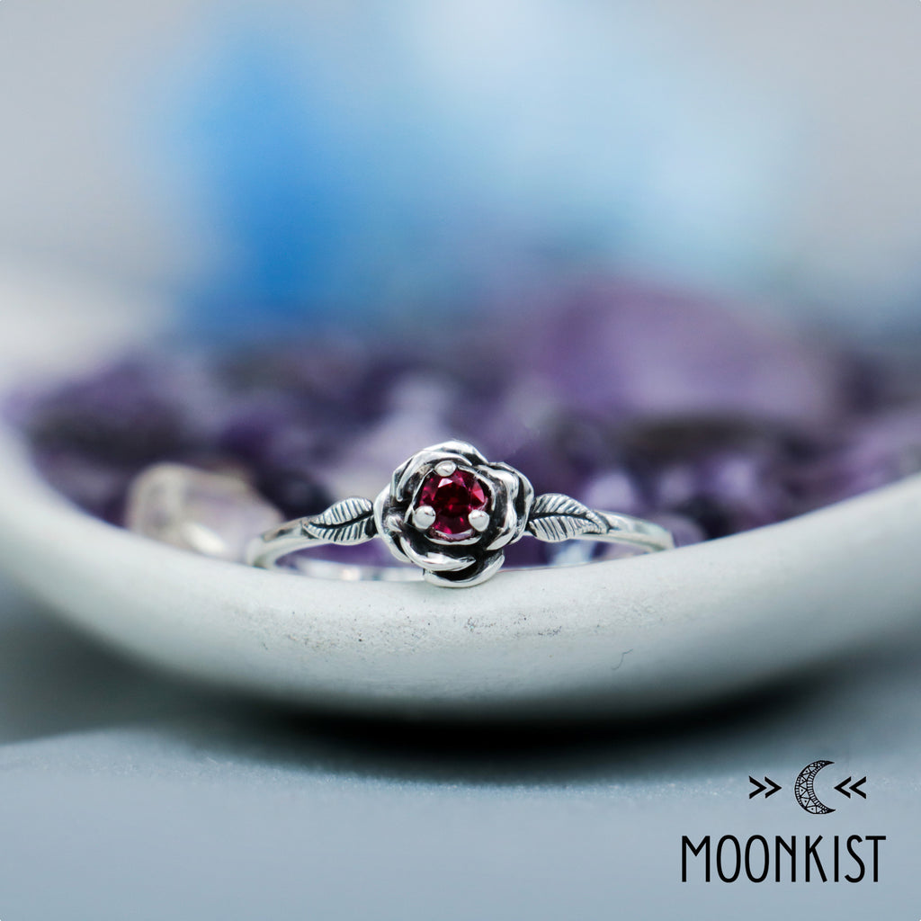 Delicate Silver Rose Ruby Promise Ring for Her| Moonkist Designs