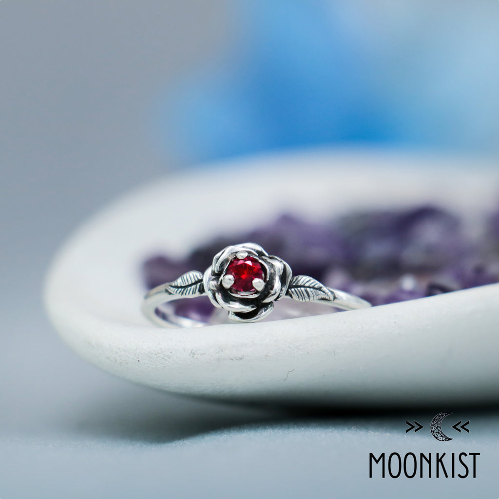 Delicate Silver Rose Ruby Promise Ring for Her| Moonkist Designs