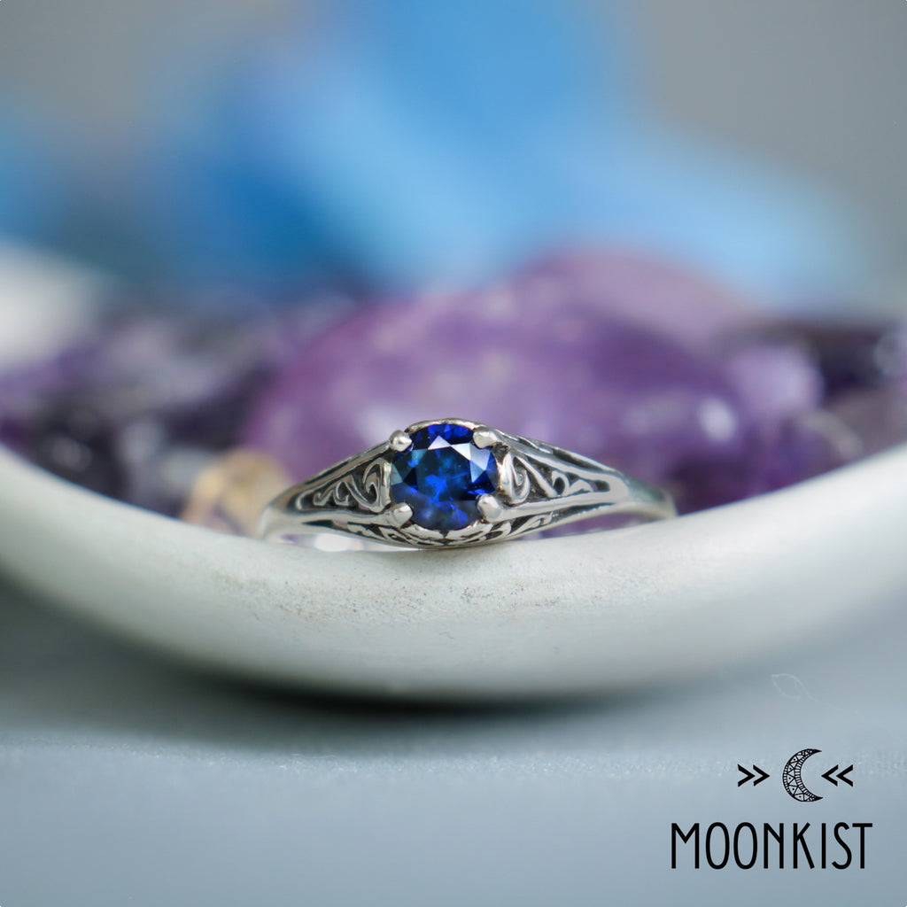 Dainty Blue Sapphire Filigree Ring in Sterling Silver | Moonkist Designs
