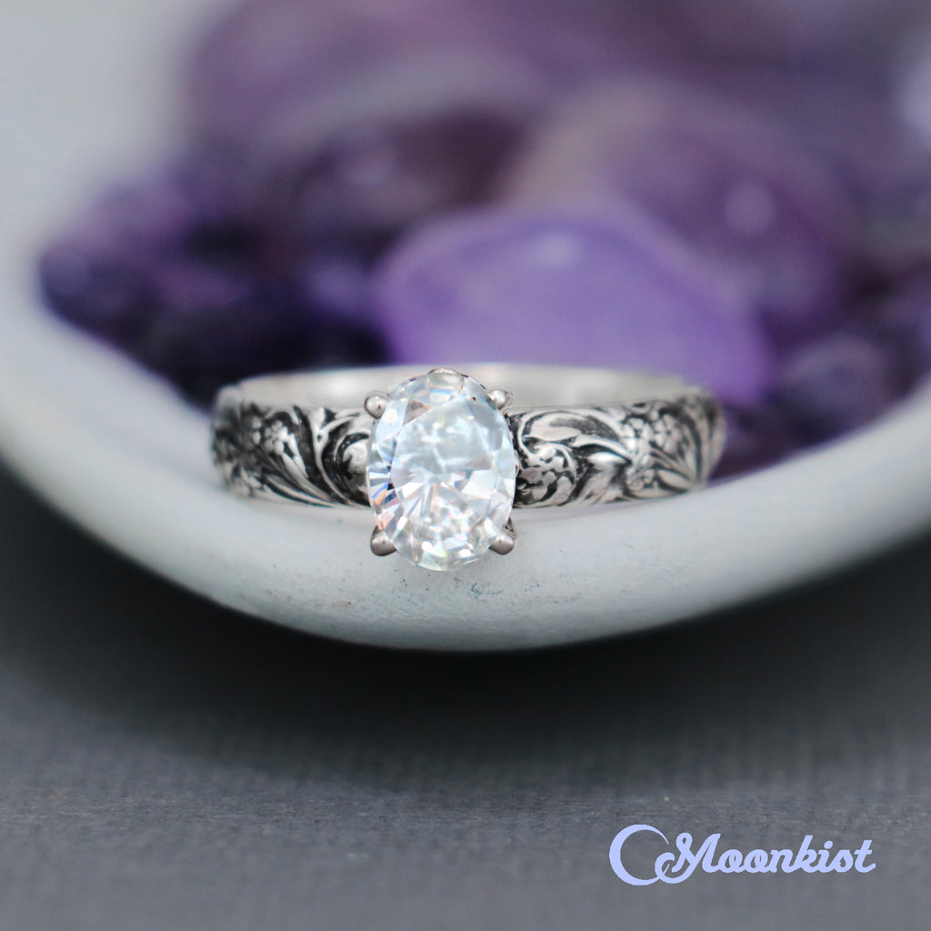 Sterling Silver Oval Wildflower Solitaire Engagement Ring  | Moonkist Designs | Moonkist Designs