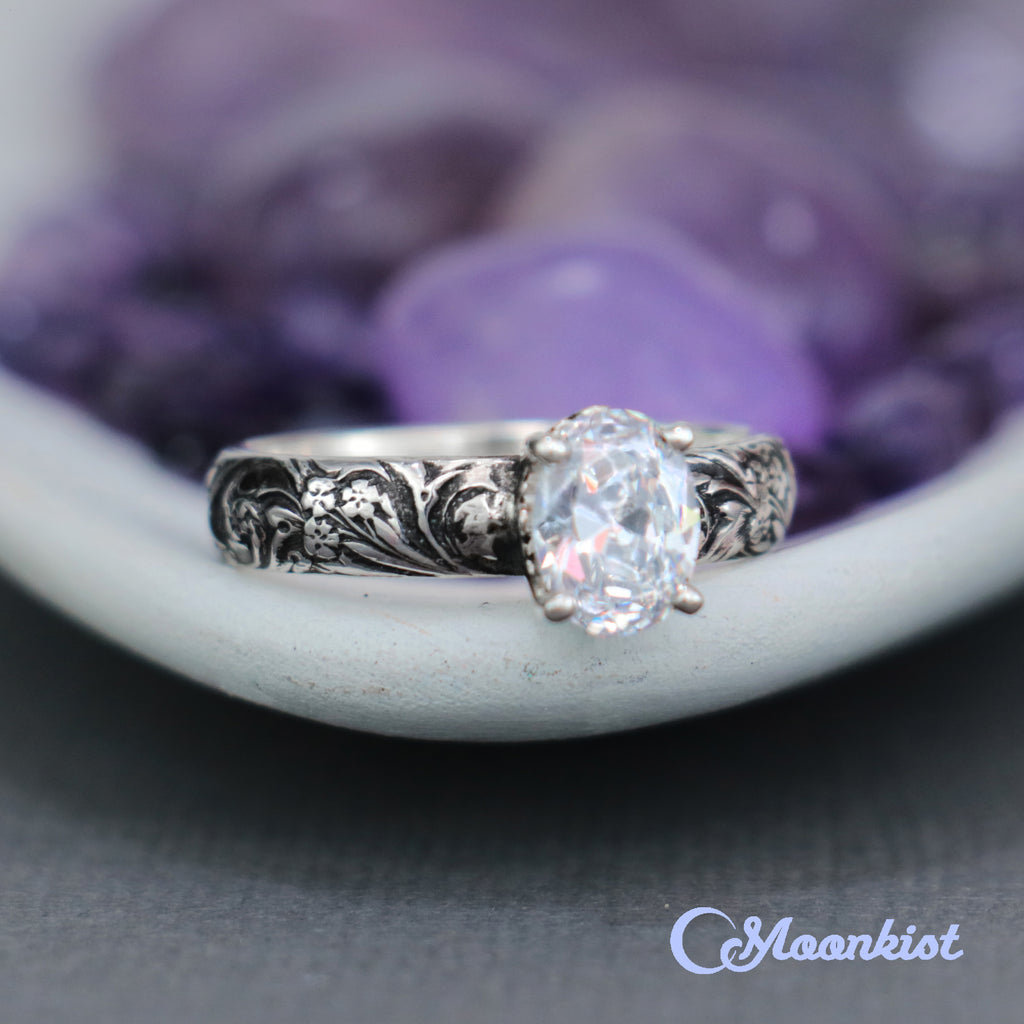 Sterling Silver Oval Wildflower Solitaire Engagement Ring  | Moonkist Designs | Moonkist Designs