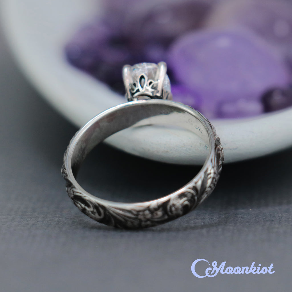 Sterling Silver Oval Wildflower Solitaire Engagement Ring  | Moonkist Designs | Moonkist Designs