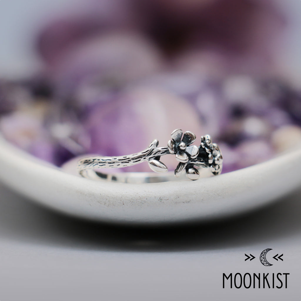 Sterling Silver Textured Flower and Vine Ring | Moonkist Designs