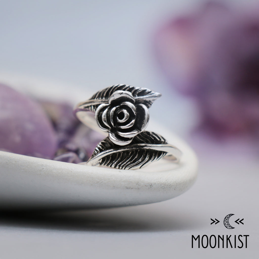 Sterling Silver Large Rose and Leaves Ring | Moonkist Designs