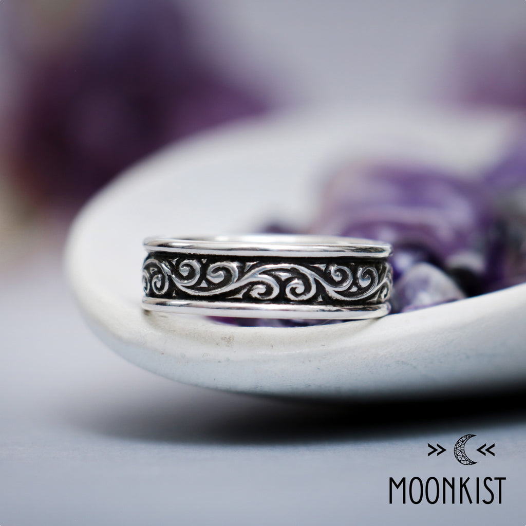 Wide Silver Vintage Flourish Wedding Ring | Moonkist Designs