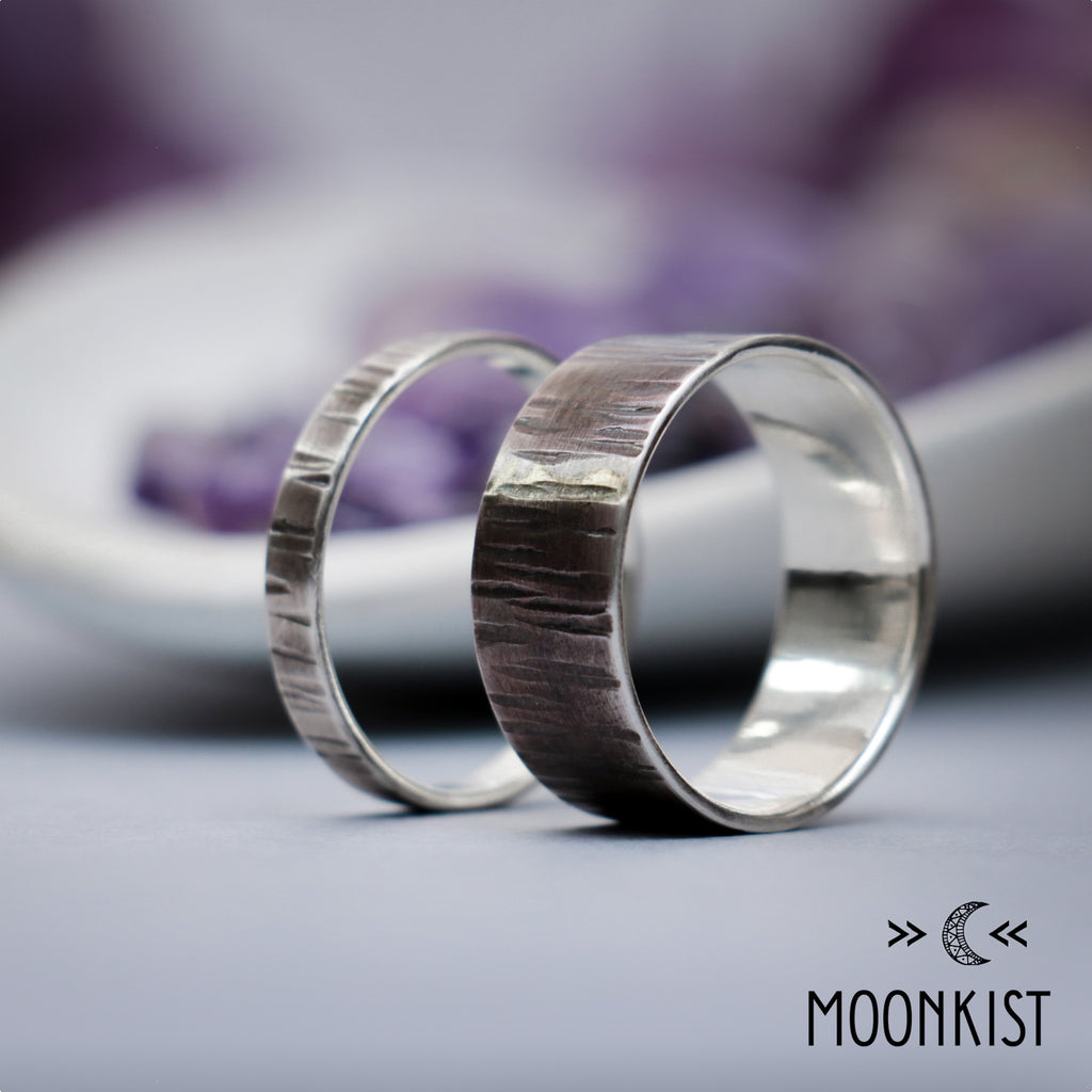 Nature Inspired Birch Bark Wedding Ring Set | Moonkist Designs
