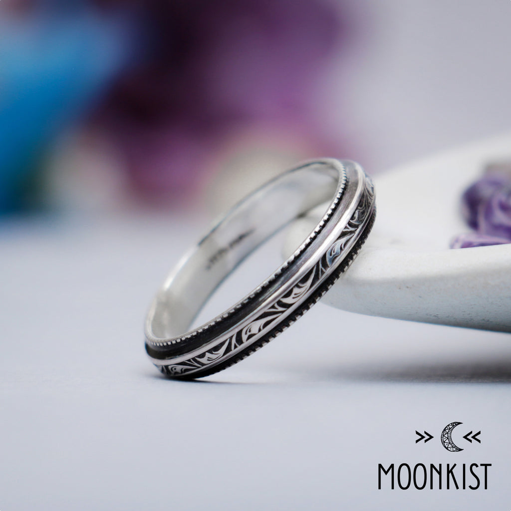 Silver Edwardian Engraved Milgrain Wedding Band | Moonkist Designs