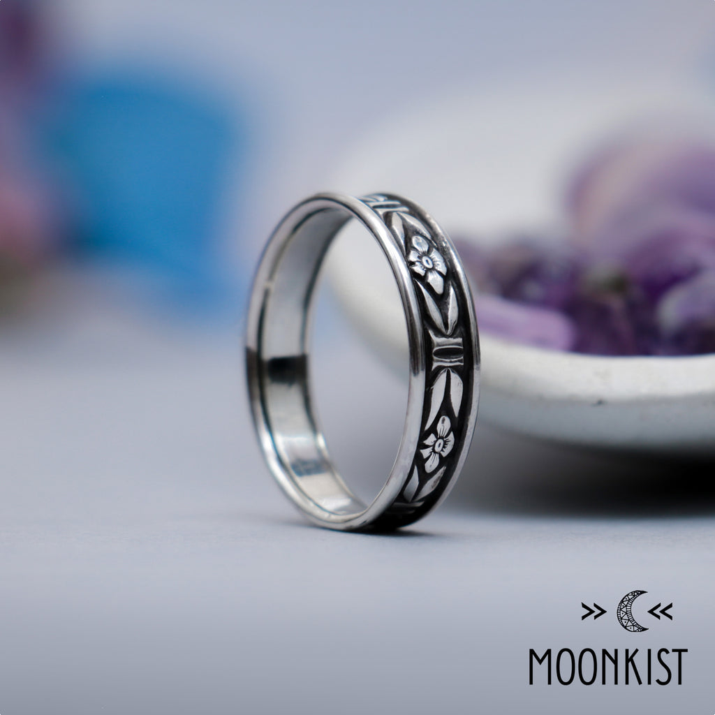 Wide Sterling Silver Forget-Me-Not Floral Wedding Band | Moonkist Designs