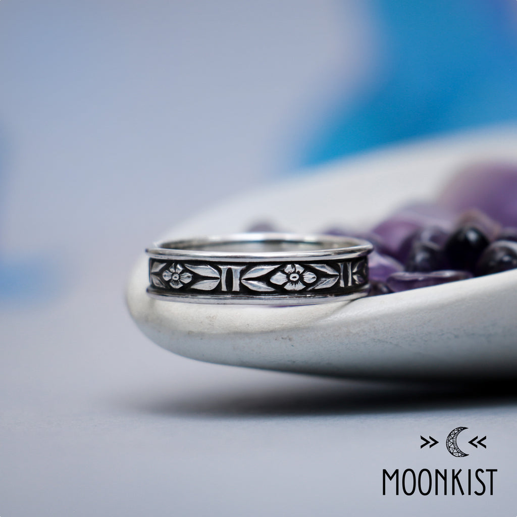 Wide Sterling Silver Forget-Me-Not Floral Wedding Band | Moonkist Designs