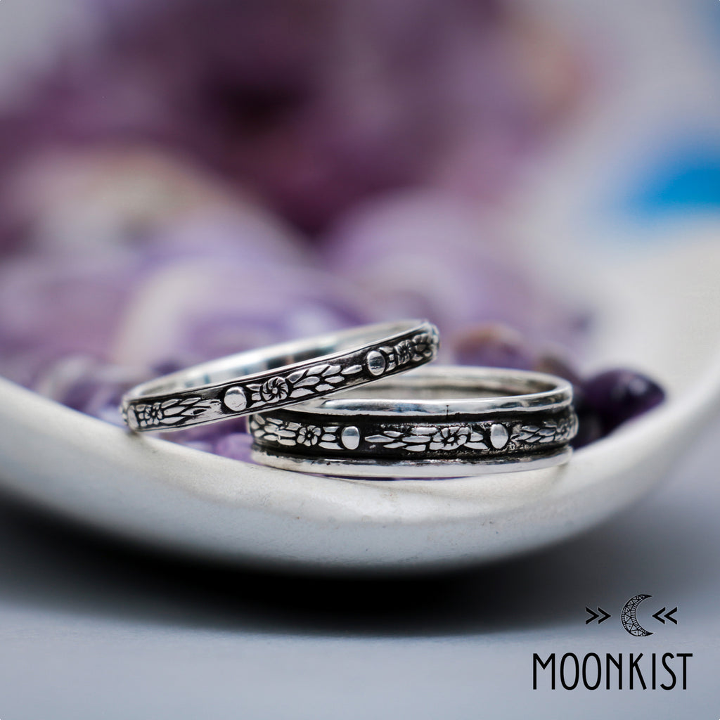 Sterling Silver Celestial Wedding Band Sets for Him and Her | Moonkist Designs
