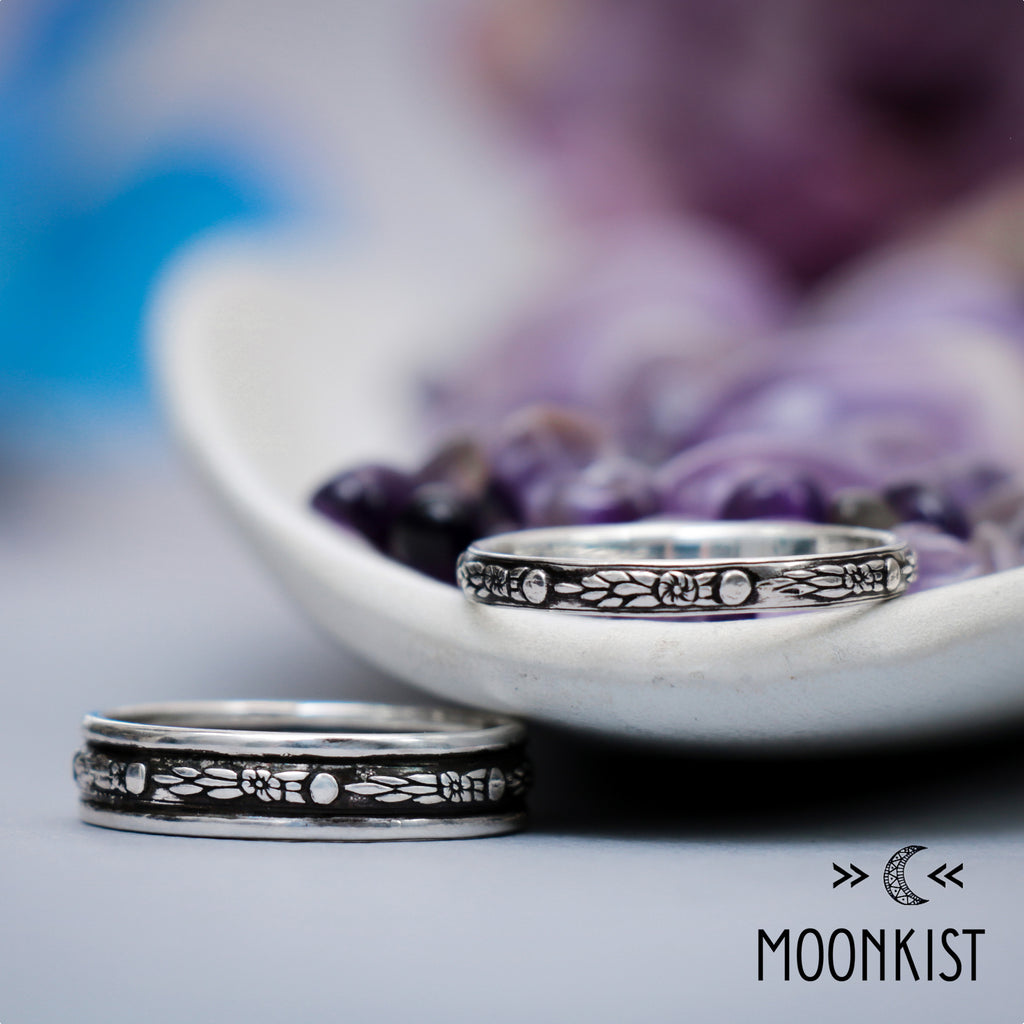 Sterling Silver Celestial Wedding Band Sets for Him and Her | Moonkist Designs